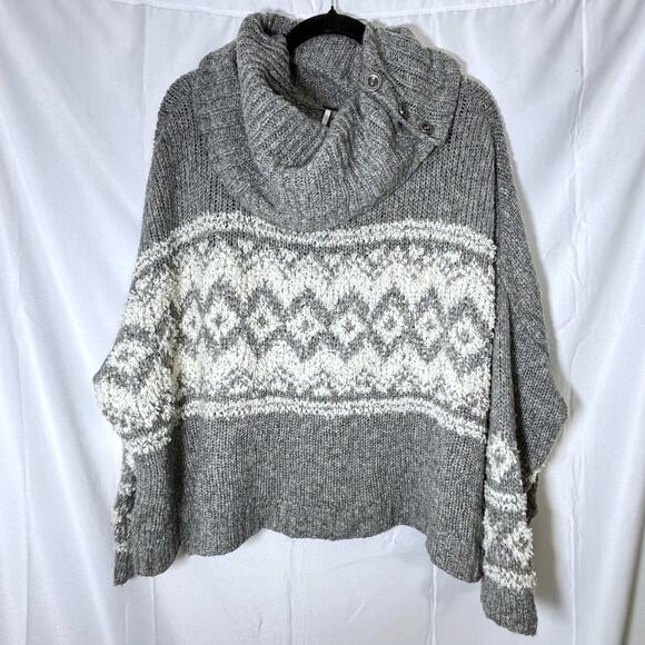 Free People Fairisle Split Neck Wool Blend Sweater Gray Ivory Size M - Picture 2 of 6